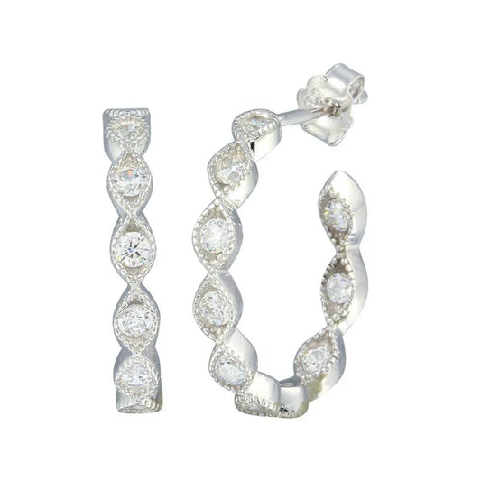 925 Sterling Silver Rhodium Plated CZ Semi Hoop Earrings