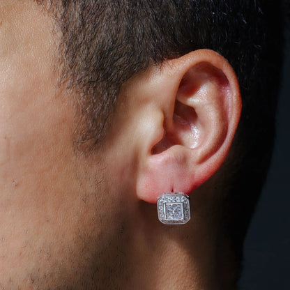 925 Sterling Silver Clearance-Rhodium Plated Square Halo Clear CZ Stud Earring