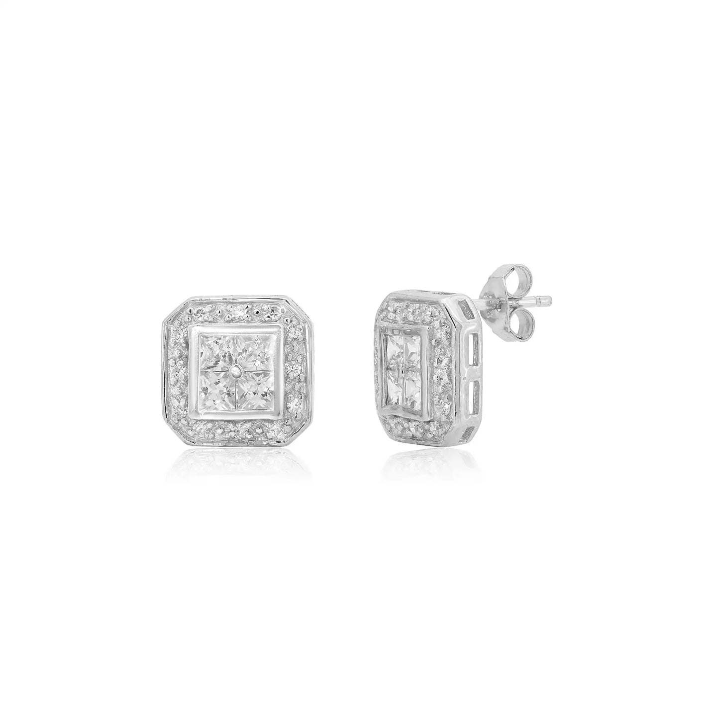 925 Sterling Silver Clearance-Rhodium Plated Square Halo Clear CZ Stud Earring