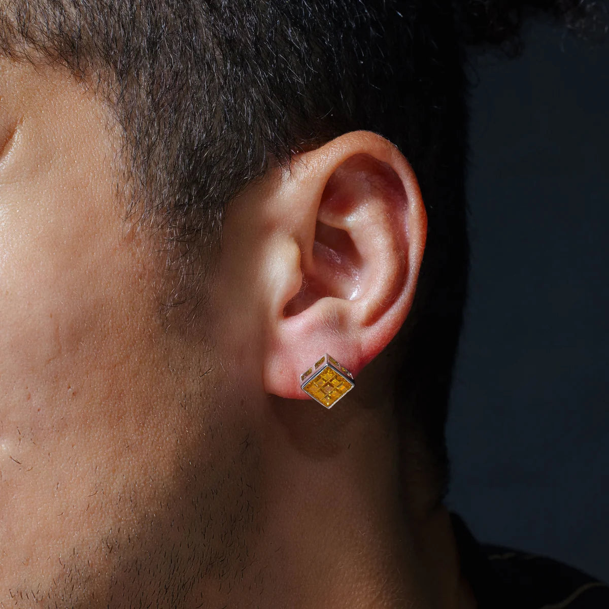 925 Sterling Silver Clearance-Rhodium Plated Square DC Yellow Citrine CZ Stud Earring