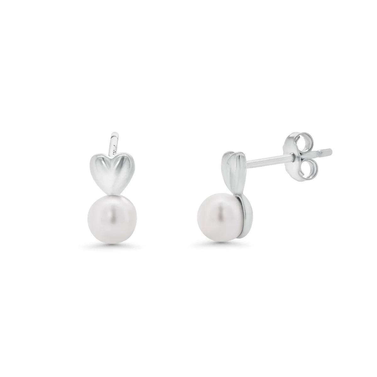 925 Silver Heart Rhodium Plated Synthetic Pearl Stud Earrings
