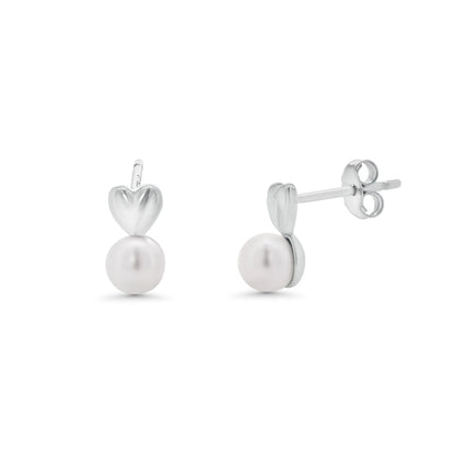 925 Silver Heart Rhodium Plated Synthetic Pearl Stud Earrings