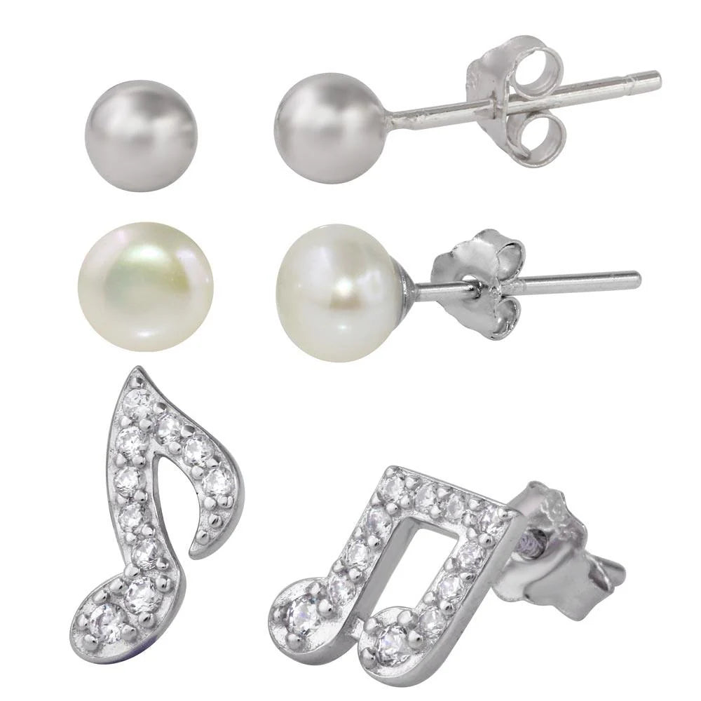 925 Sterling Silver Rhodium Plated Plain Bead Fresh Water Pearl and CZ Music Note Stud Set