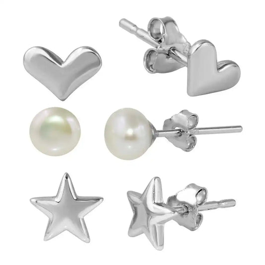 925 Sterling Silver Rhodium Plated Plain Star Plain Heart and Fresh Water Pearl Stud Set