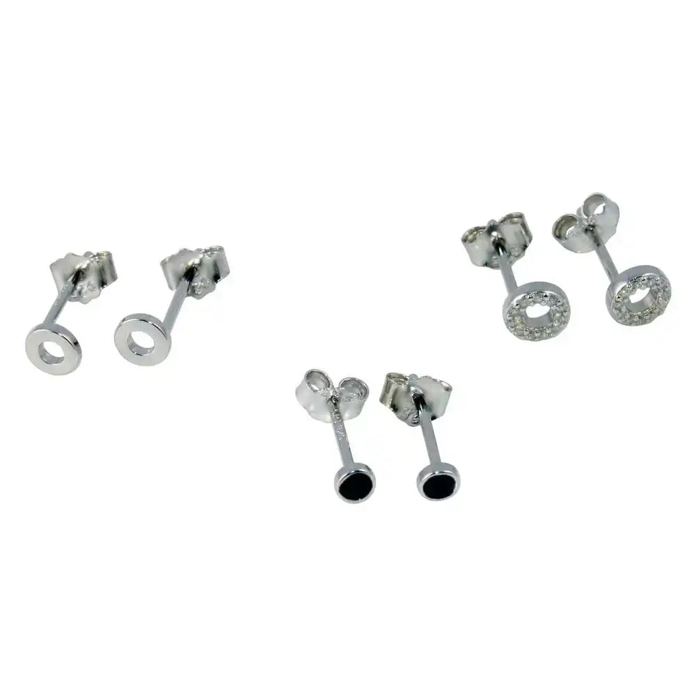 925 Sterling Silver Rhodium Plated Plain Round CZ Round and Round Black CZ Stud Set