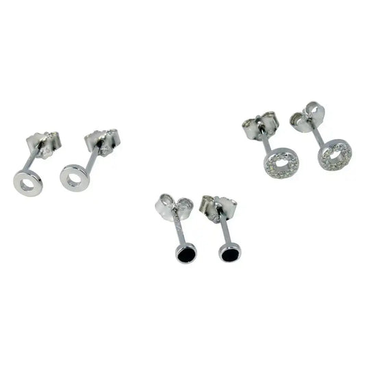 925 Sterling Silver Rhodium Plated Plain Round CZ Round and Round Black CZ Stud Set