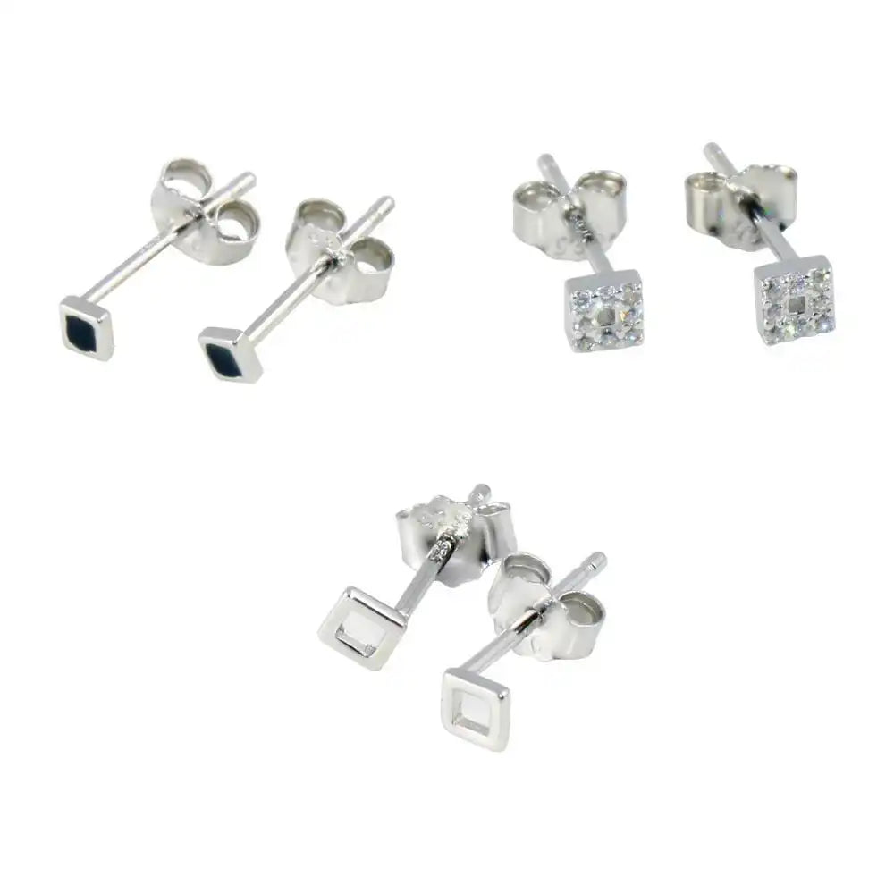 925 Sterling Silver Rhodium Plated Plain Square CZ Square and Square Black CZ Stud Set