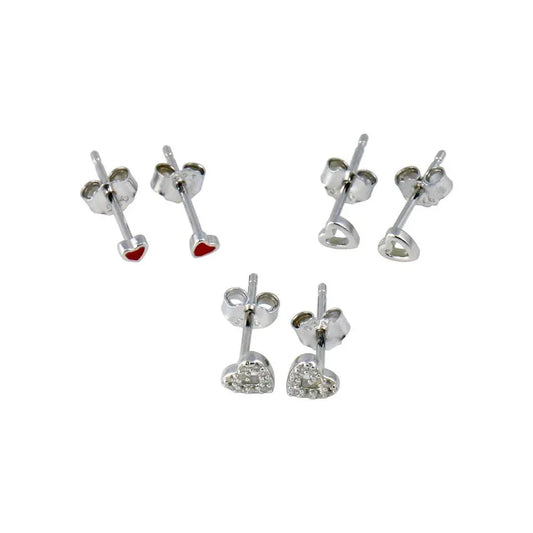925 Sterling Silver Rhodium Plated Plain Heart CZ Heart and Heart Black CZ Stud Set