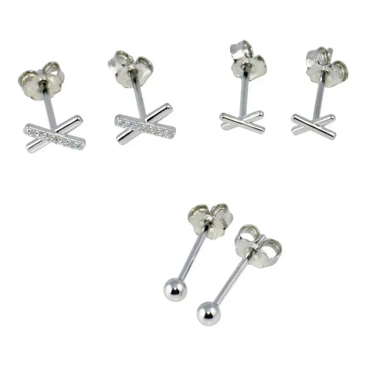 925 Sterling Silver Rhodium Plated Plain X, X CZ and Ball Earring Set