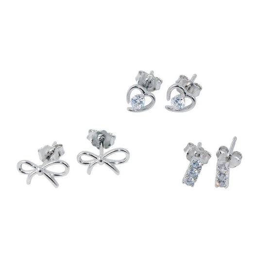 925 Sterling Silver Rhodium Plated Heart Bow and Bar CZ Earring Set