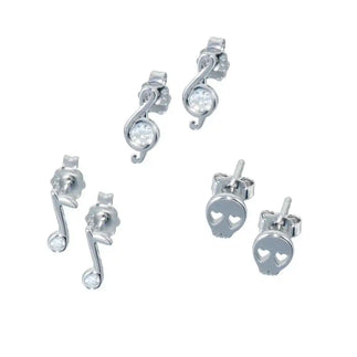925 Sterling Silver Rhodium Plated Musical Note Skull CZ Earring Set