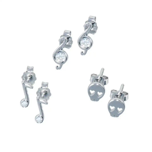 925 Sterling Silver Rhodium Plated Musical Note Skull CZ Earring Set