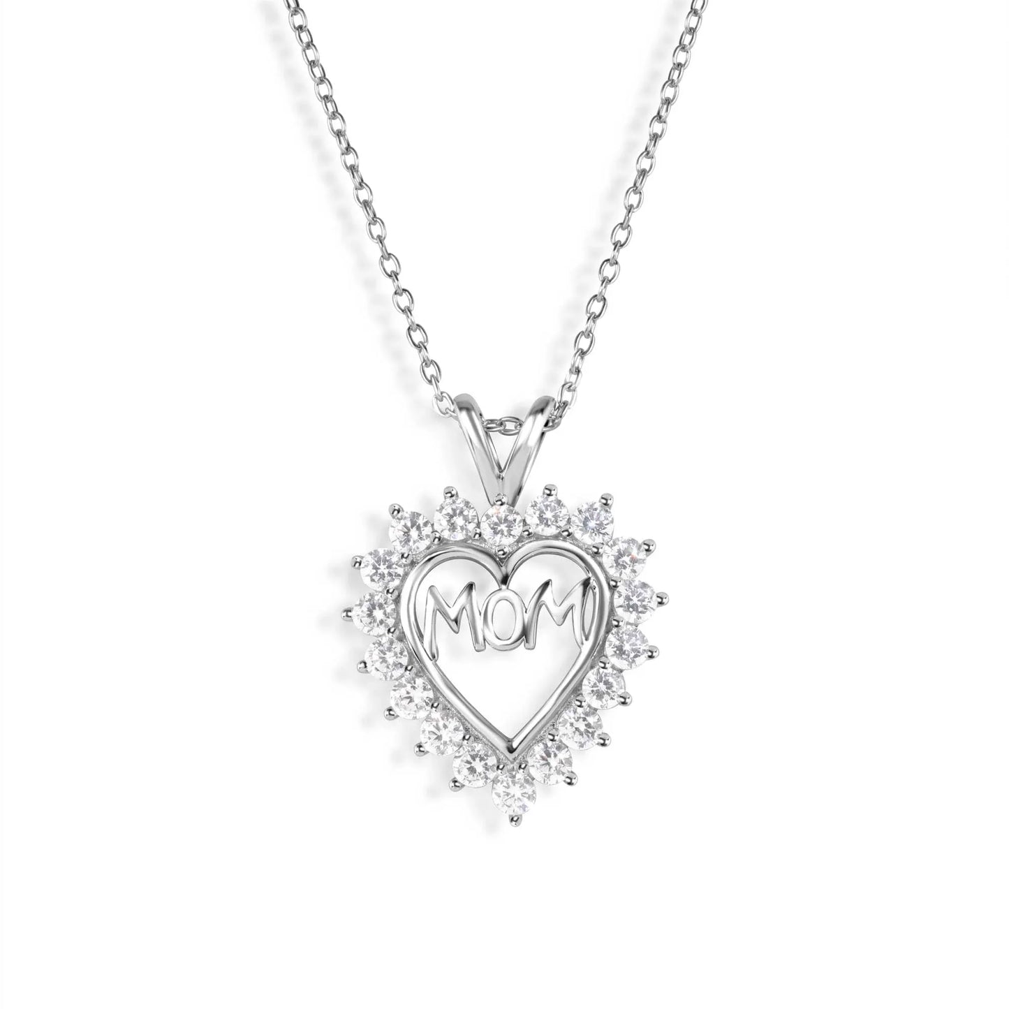 925 Sterling Silver Clear CZ Rhodium Plated Mom Heart Pendant Necklace