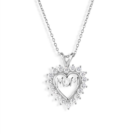 925 Sterling Silver Clear CZ Rhodium Plated Mom Heart Pendant Necklace