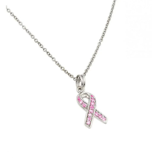 925 Sterling Silver Pink CZ Rhodium Plated Ribbon Pendant Necklace