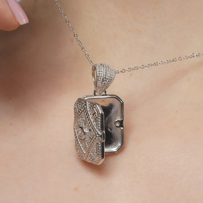 925 Sterling Silver Rhodium Plated Ornate CZ Rectangle Locket Pendant Necklace