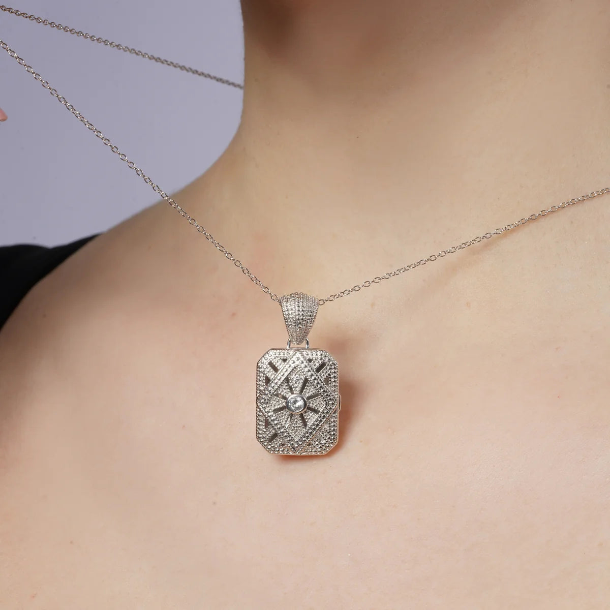 925 Sterling Silver Rhodium Plated Ornate CZ Rectangle Locket Pendant Necklace