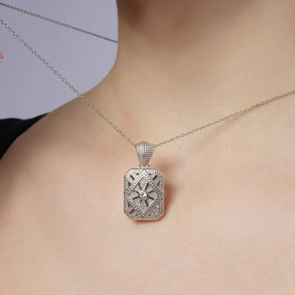 925 Sterling Silver Rhodium Plated Ornate CZ Rectangle Locket Pendant Necklace