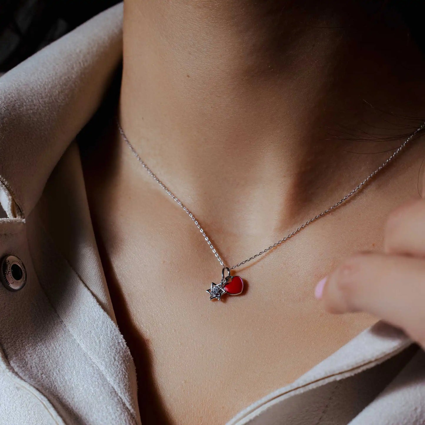 925 Sterling Silver Rhodium Plated Star of David Red Enamel Heart Clear CZ Pendant Necklace