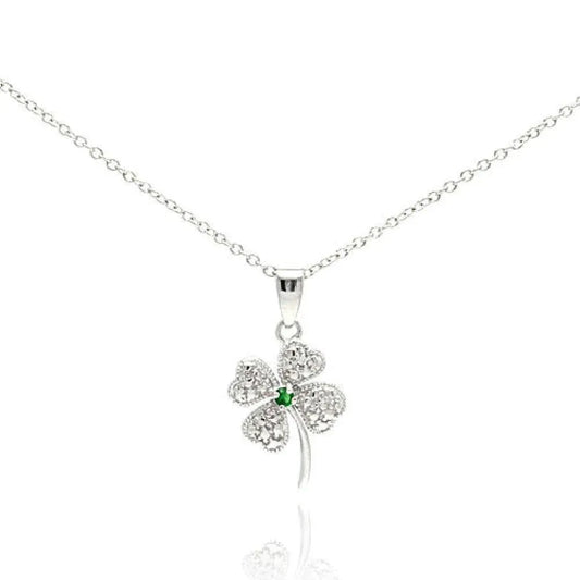 925 Silver Clear Green CZ Rhodium Plated Clover Pendant Necklace