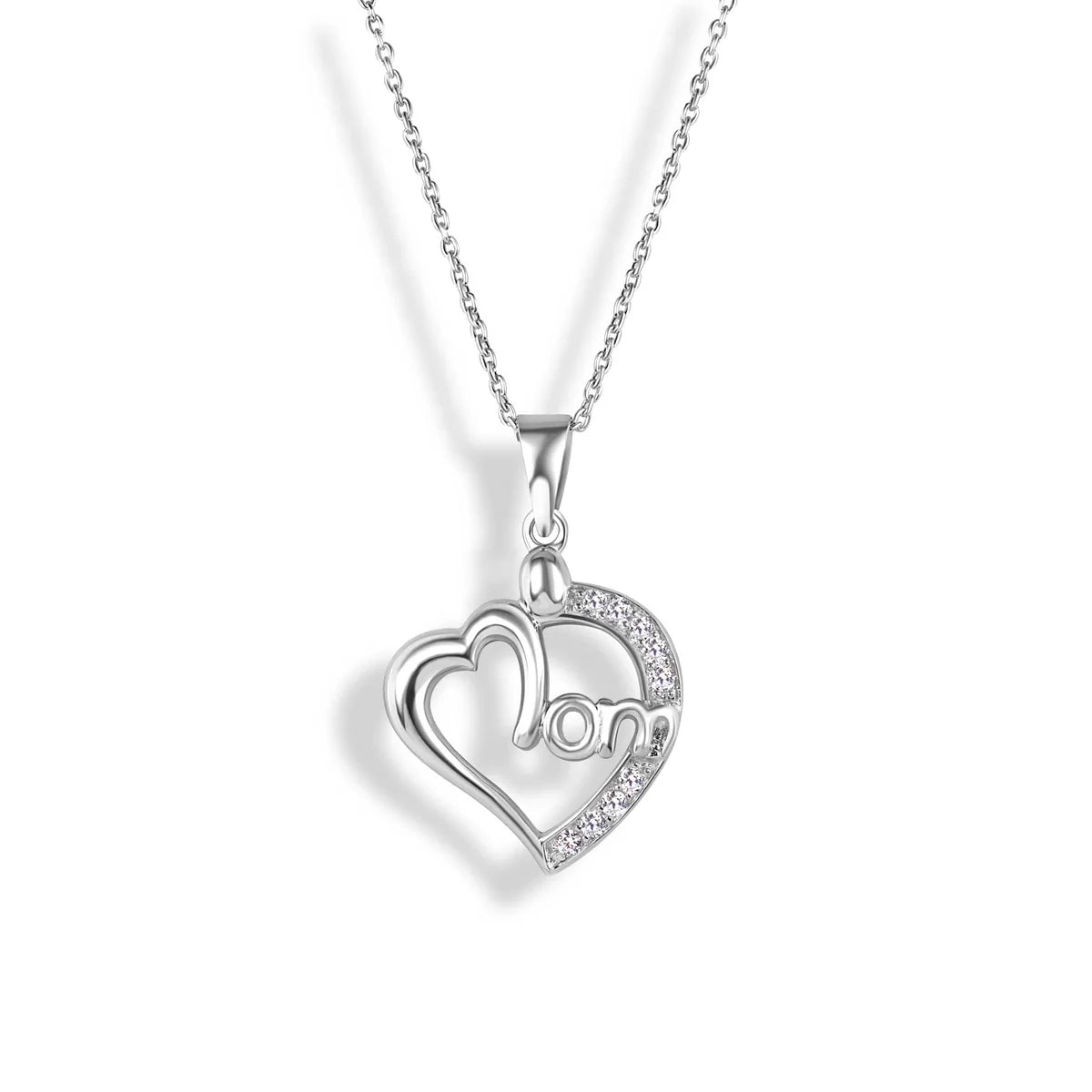 925 Silver Clear CZ Rhodium Plated Mom Heart Pendant Necklace