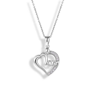 925 Silver Clear CZ Rhodium Plated Mom Heart Pendant Necklace