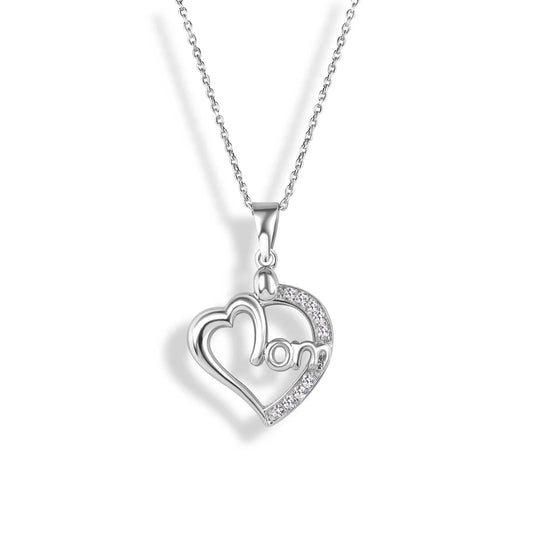 925 Silver Clear CZ Rhodium Plated Mom Heart Pendant Necklace