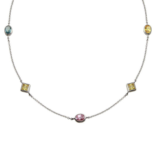 925 Sterling Silver Rhodium Plated Multi Color and Shape CZ Necklace