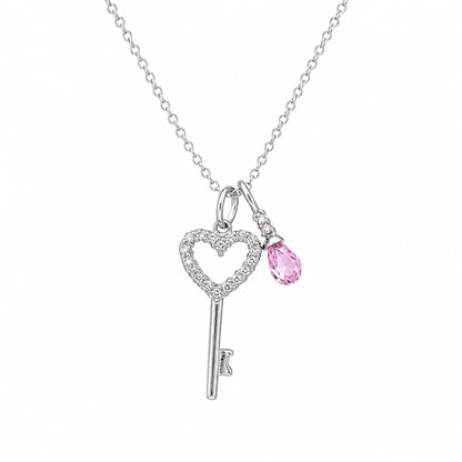 925 Sterling Silver Rhodium Plated Pink Teardrop & Heart Key Pendant Necklace