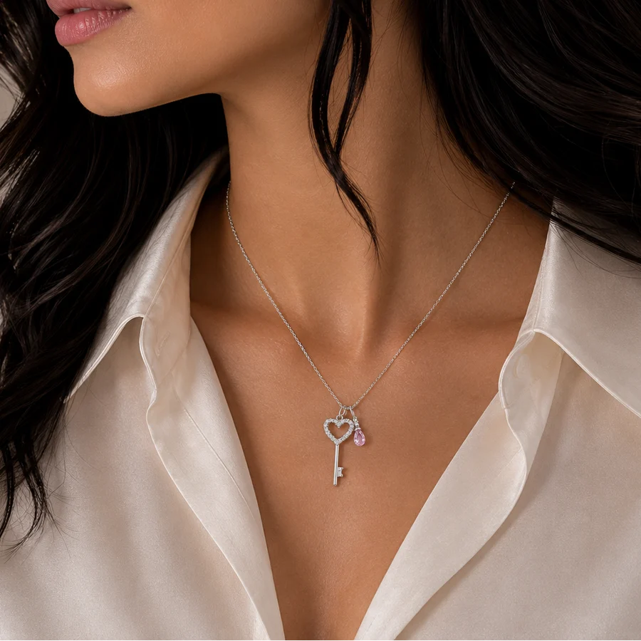 925 Sterling Silver Rhodium Plated Pink Teardrop & Heart Key Pendant Necklace