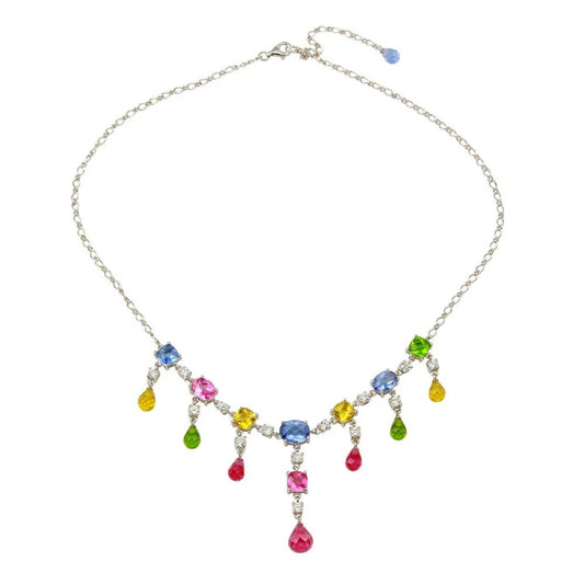 925 Sterling Silver Clearance-Rhodium Plated Multi-colored CZ Drop Necklace