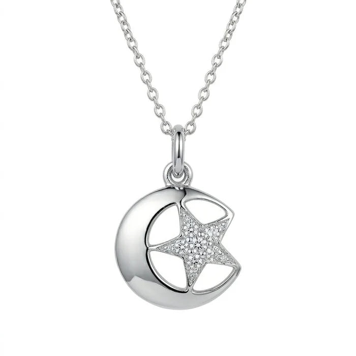 925 Sterling Silver Rhodium Plated CZ Star & Crescent Moon Pendant Necklace