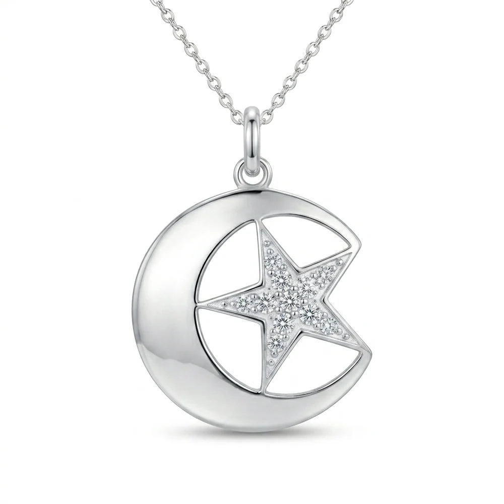 925 Sterling Silver Rhodium Plated CZ Star & Crescent Moon Pendant Necklace