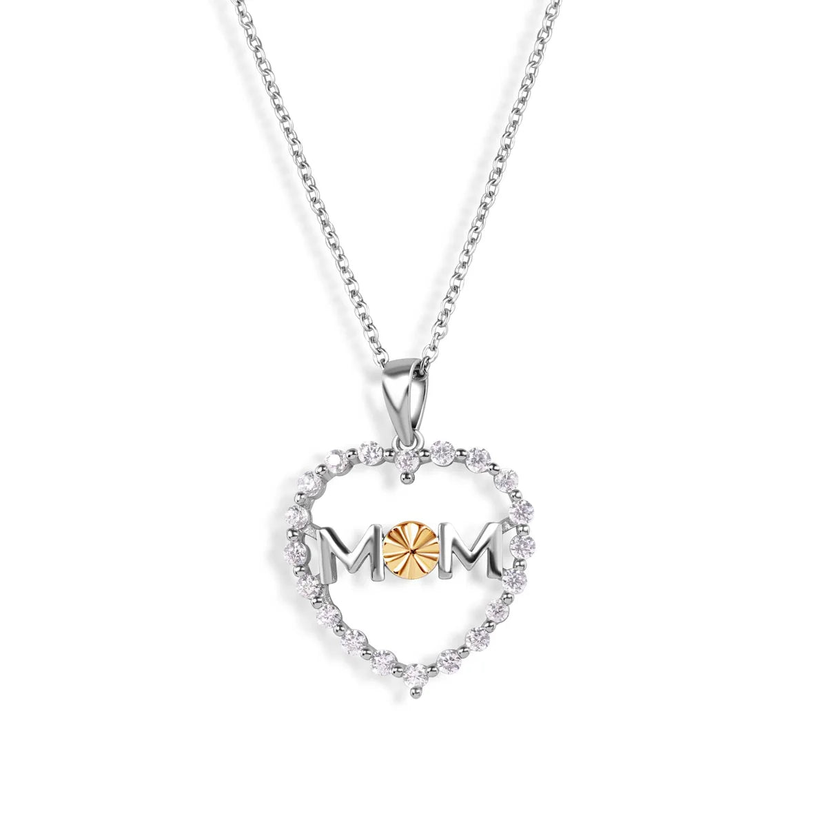925 Silver Rhodium & Gold Plated CZ Heart Mom Pendant Necklace