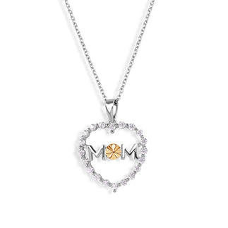 925 Silver Rhodium & Gold Plated CZ Heart Mom Pendant Necklace