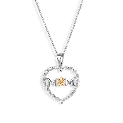 925 Silver Rhodium & Gold Plated CZ Heart Mom Pendant Necklace