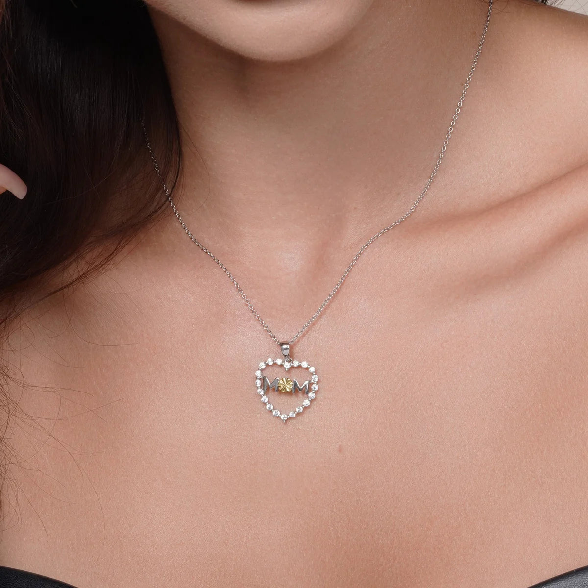 925 Silver Rhodium & Gold Plated CZ Heart Mom Pendant Necklace