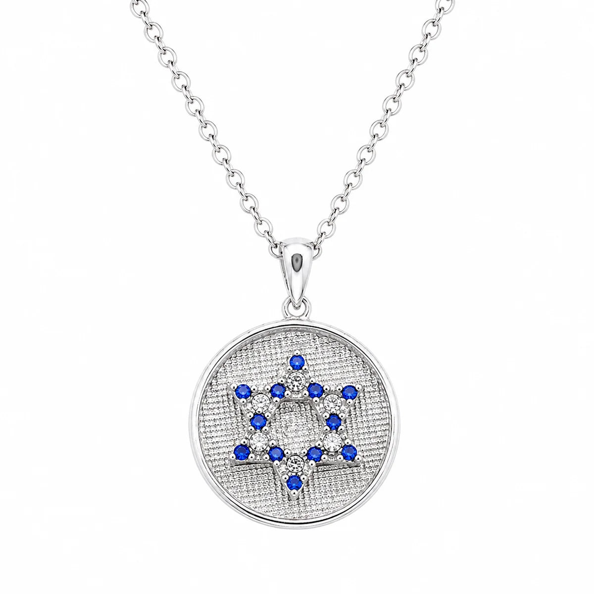 925 Silver Clearance- Rhodium Plated Matte Blue CZ Star of David Disc Pendant Necklace