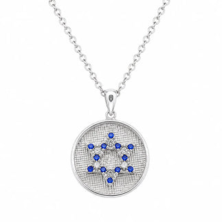 925 Silver Clearance- Rhodium Plated Matte Blue CZ Star of David Disc Pendant Necklace