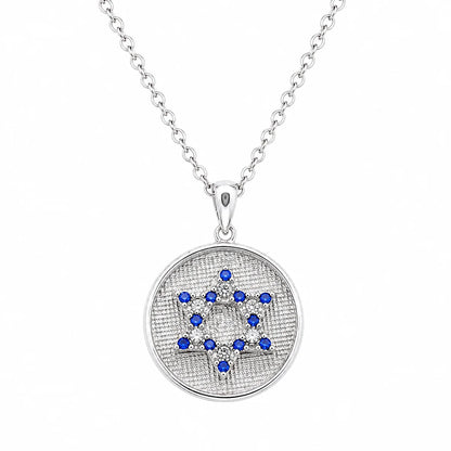 925 Silver Clearance- Rhodium Plated Matte Blue CZ Star of David Disc Pendant Necklace