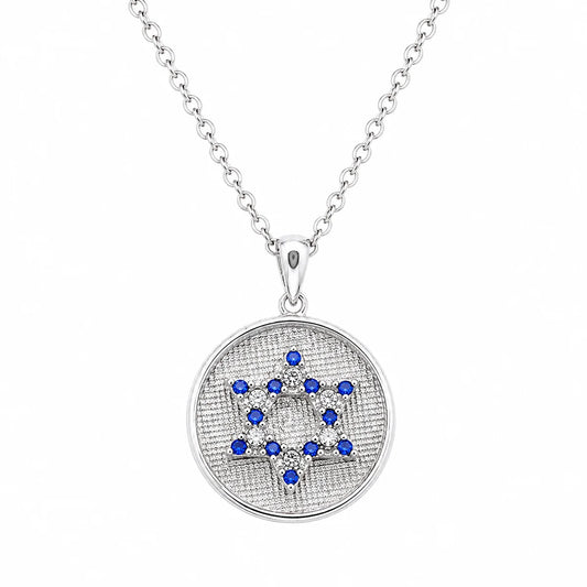 925 Silver Clearance- Rhodium Plated Matte Blue CZ Star of David Disc Pendant Necklace