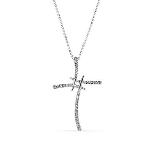 925 Sterling Clearance - Rhodium Plated Silver Artistic Cross Clear CZ Adjustable Necklace