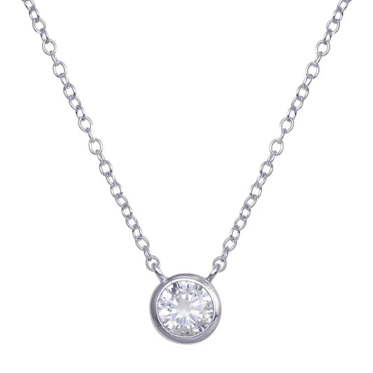 925 Sterling Silver Rhodium Plated Round Solitaire CZ Necklace