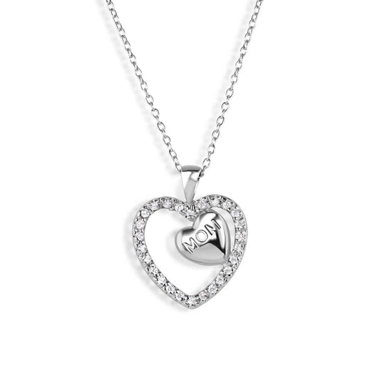 925 Sterling Silver Rhodium Plated Clear CZ Engraved "Mom" Heart Pendant Necklace