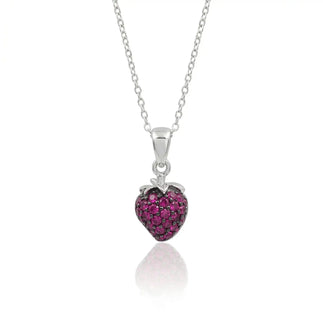 925 Sterling Silver Clearance Rhodium Plated Pink CZ Strawberry Pendant Necklace
