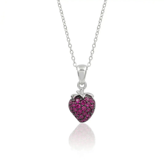 925 Sterling Silver Clearance Rhodium Plated Pink CZ Strawberry Pendant Necklace