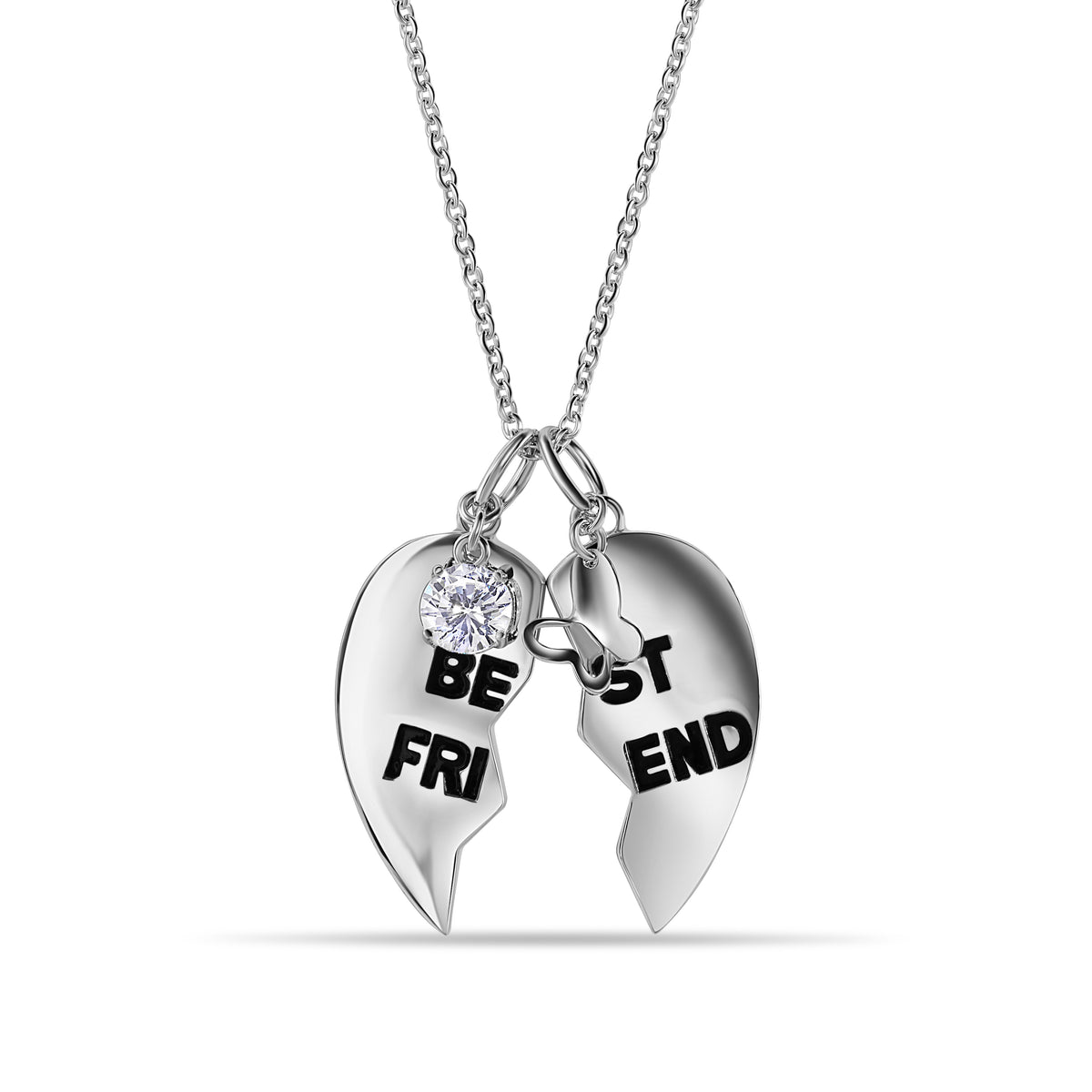 925 Silver Rhodium Plated Clear CZ Best Friend Heart Pendant Necklace