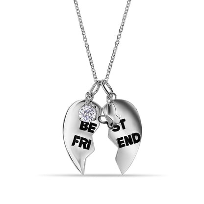 925 Silver Rhodium Plated Clear CZ Best Friend Heart Pendant Necklace