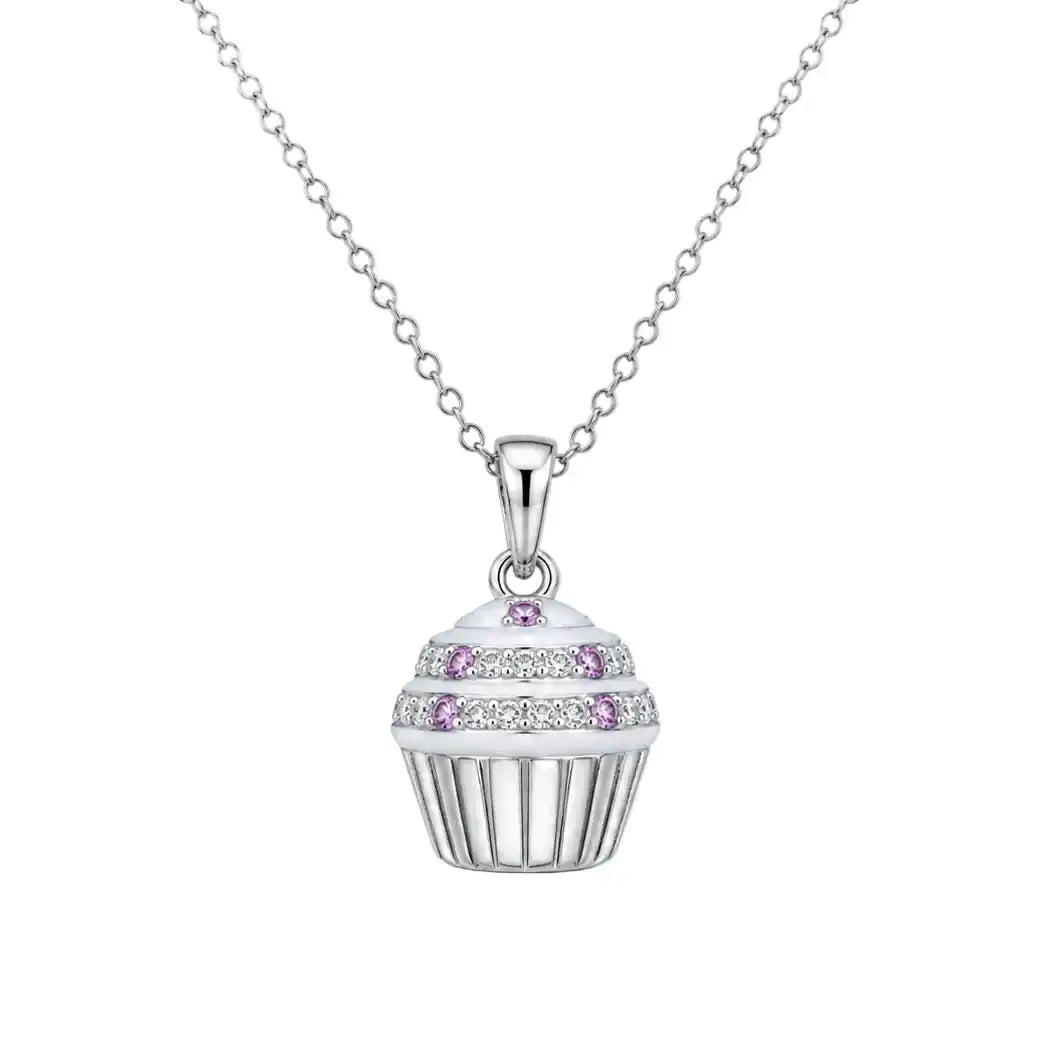 925 Sterling Silver Rhodium Plated Clear & Pink CZ Dainty Cupcake Pendant Necklace
