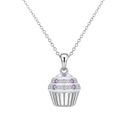 925 Sterling Silver Rhodium Plated Clear & Pink CZ Dainty Cupcake Pendant Necklace